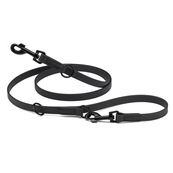 Black adjustable dog leash with two metal clips and three O-rings, made from waterproof Biothane