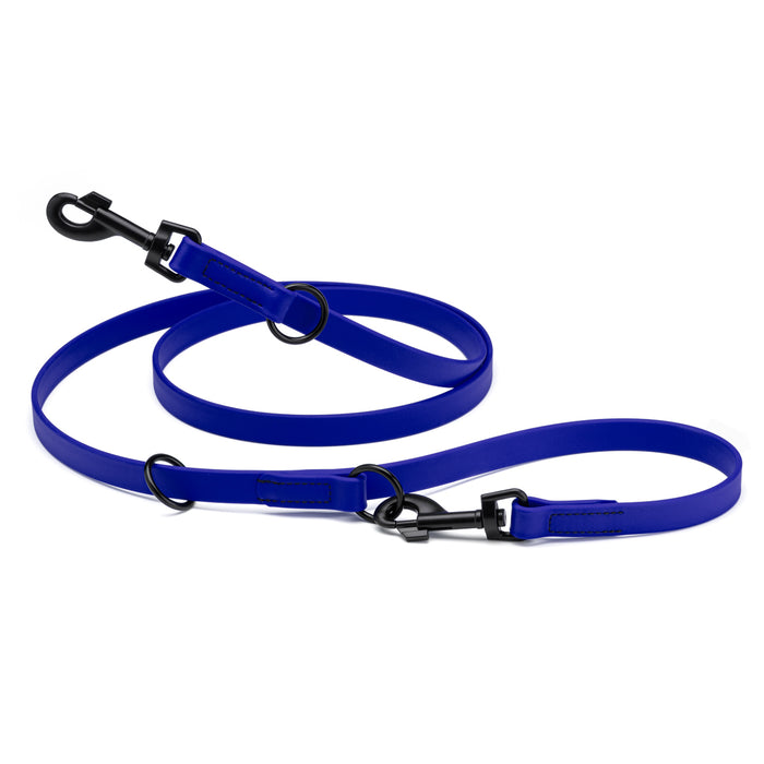 Blueberry adjustable dog leash with two metal clips and three O-rings, made from waterproof Biothane