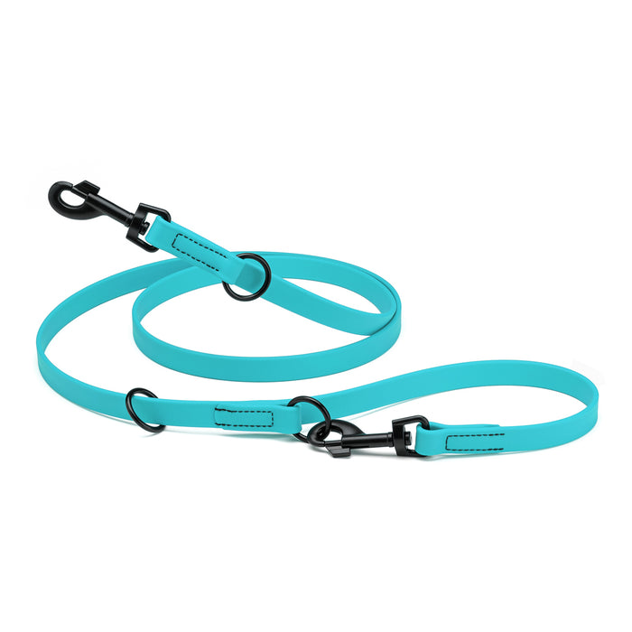 Sky blue adjustable dog leash with two metal clips and three O-rings, made from waterproof Biothane
