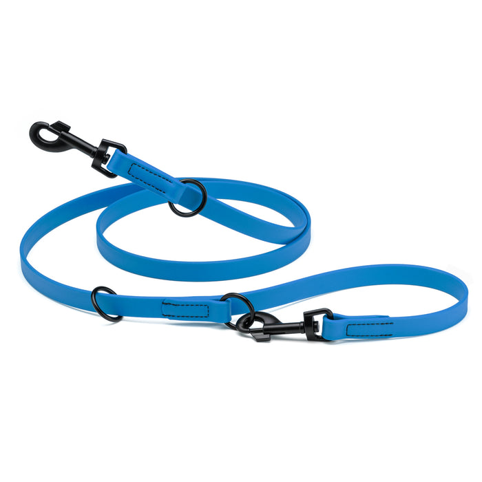 Cerulean blue adjustable dog leash with two metal clips and three O-rings, made from waterproof Biothane
