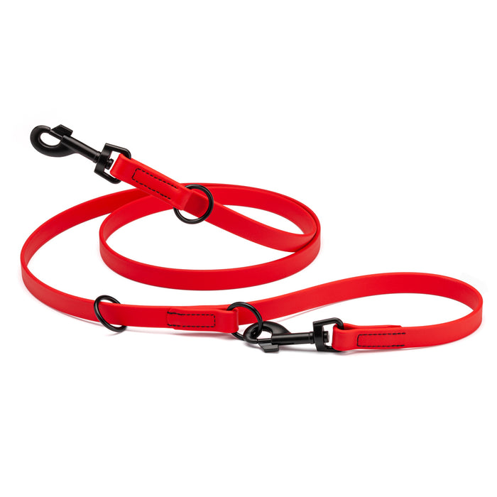Cherry red adjustable dog leash with two metal clips and three O-rings, made from waterproof Biothane