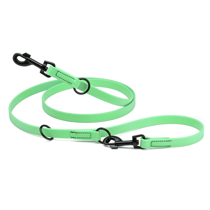 Seafoam green adjustable dog leash with two metal clips and three O-rings, made from waterproof Biothane