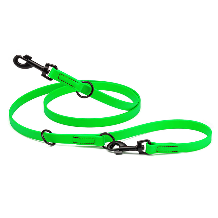 Tropical green adjustable dog leash with two metal clips and three O-rings, made from waterproof Biothane