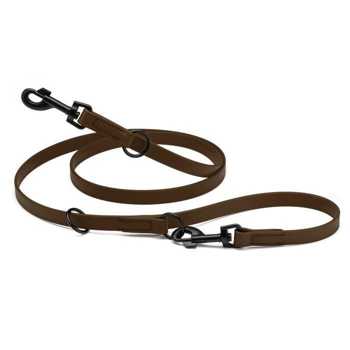 Dark chocolate brown adjustable dog leash with two metal clips and three O-rings, made from waterproof Biothane