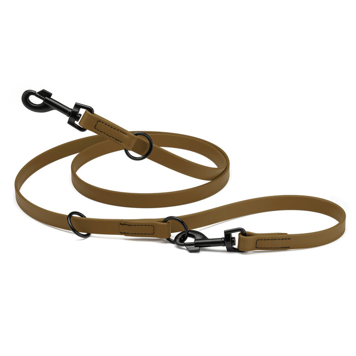 Coyote brown adjustable dog leash with two metal clips and three O-rings, made from waterproof Biothane