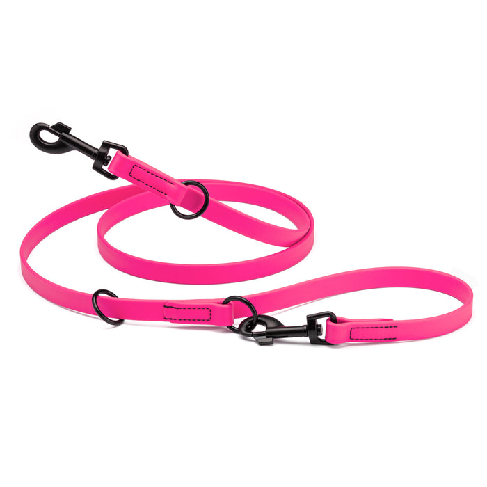 Passionfruit pink adjustable dog leash with two metal clips and three O-rings, made from waterproof Biothane