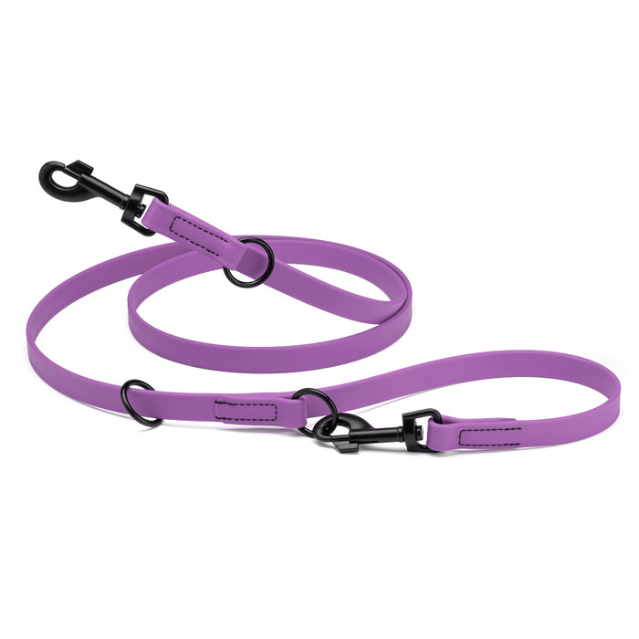 Amethyst purple adjustable dog leash with two metal clips and three O-rings, made from waterproof Biothane