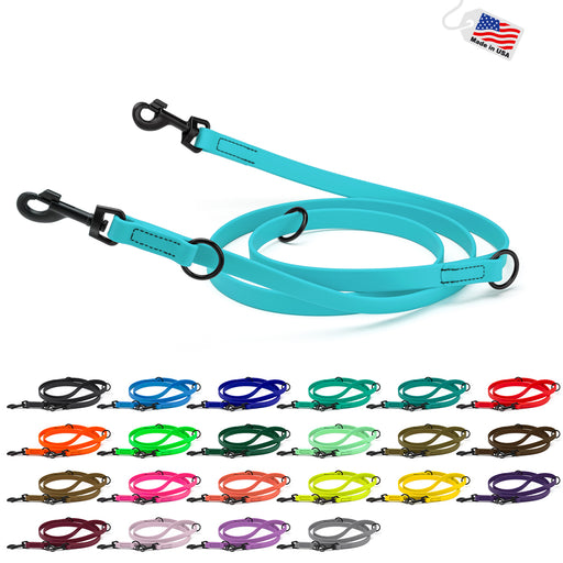 Biothane adjustable leashes for dogs with black hardware, weatherproof, sky blue and 22 other colors available
