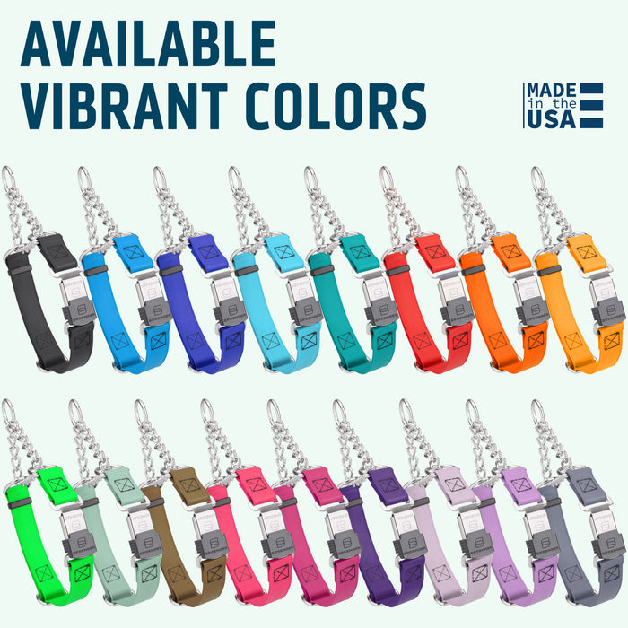 Biothane martingale collars with Herm Sprenger quick release buckle are available in 17 colors and 2 choices of hardware