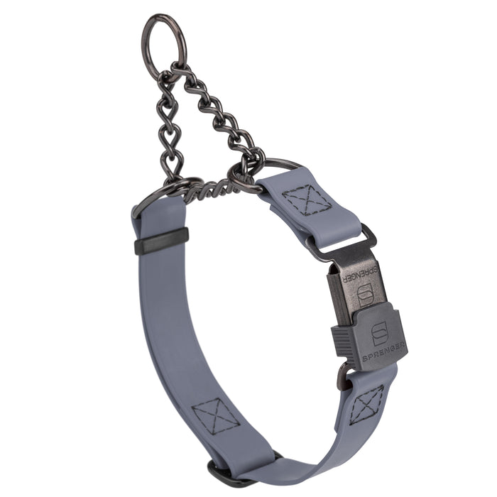 Battleship gray adjustable martingale collar with black Herm Sprenger buckle and black stainless steel chain, 3/4 inch wide, made from Biothane