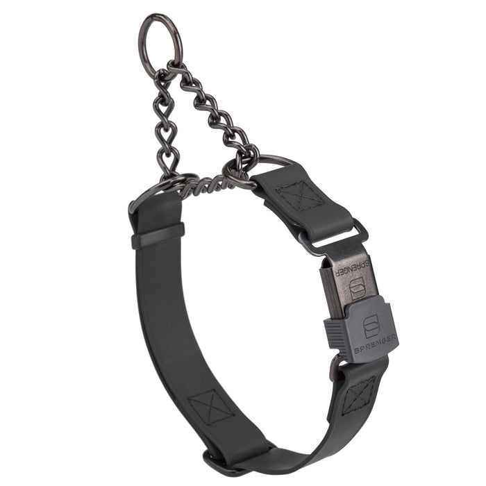 Black adjustable martingale collar with black Herm Sprenger buckle and black stainless steel chain, 3/4 inch wide, made from Biothane
