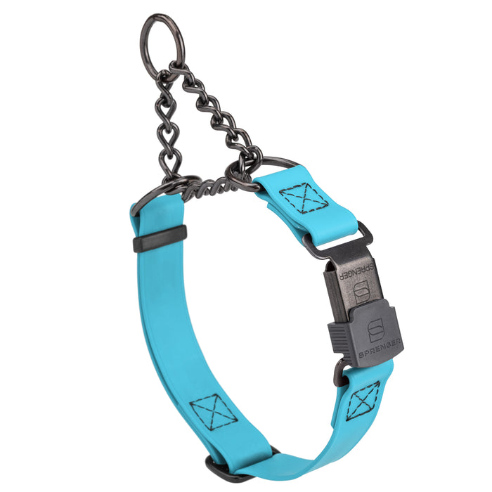 Sky Blue adjustable martingale collar with black Herm Sprenger buckle and black stainless steel chain, 3/4 inch wide, made from Biothane
