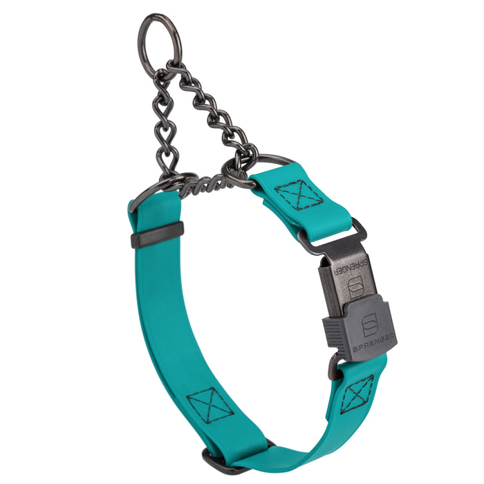 Teal adjustable martingale collar with black Herm Sprenger buckle and black stainless steel chain, 3/4 inch wide, made from Biothane