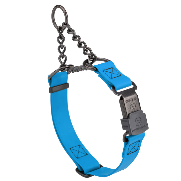 Cerulean Blue adjustable martingale collar with black Herm Sprenger buckle and black stainless steel chain, 3/4 inch wide, made from Biothane