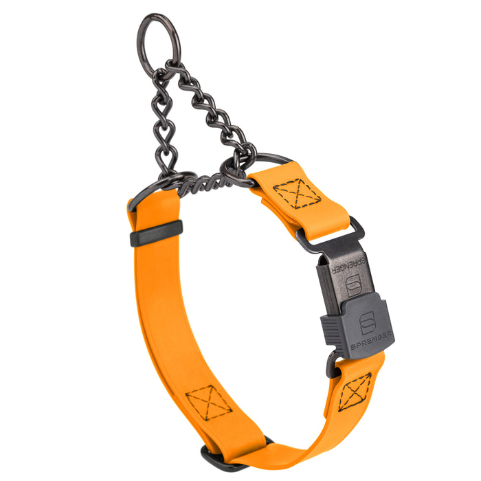 Tangerine adjustable martingale collar with black Herm Sprenger buckle and black stainless steel chain, 3/4 inch wide, made from Biothane