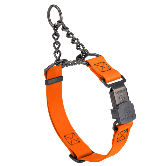 Hunter Orange adjustable martingale collar with black Herm Sprenger buckle and black stainless steel chain, 3/4 inch wide, made from Biothane