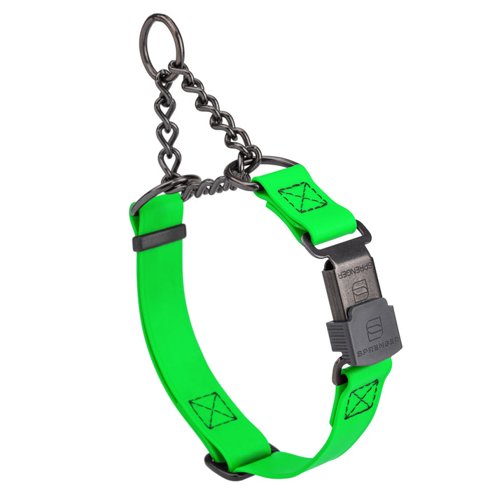 Tropical Green adjustable martingale collar with black Herm Sprenger buckle and black stainless steel chain, 3/4 inch wide, made from Biothane