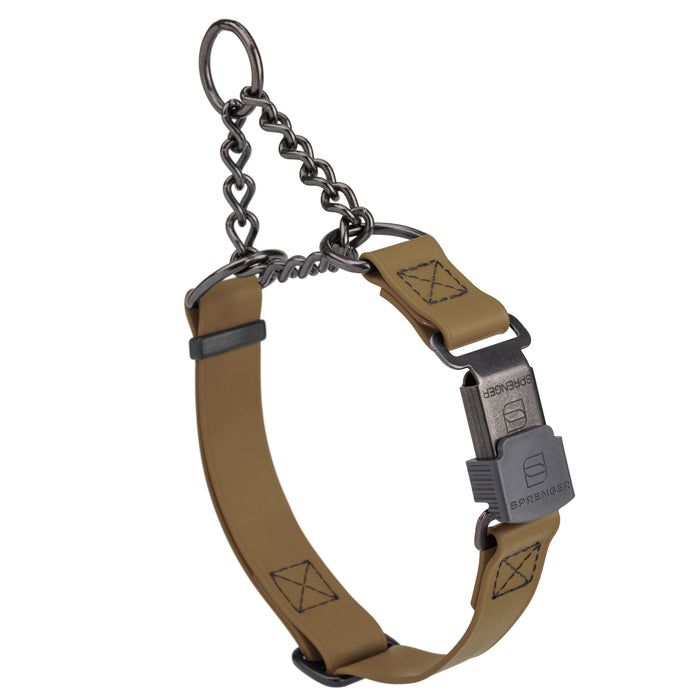 Coyote Brown adjustable martingale collar with black Herm Sprenger buckle and black stainless steel chain, 3/4 inch wide, made from Biothane