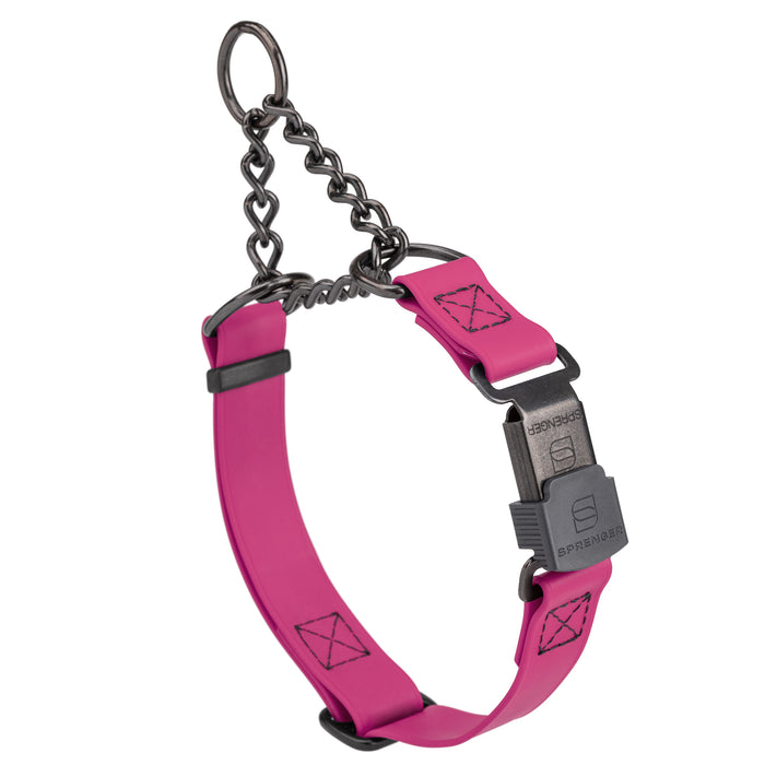 Magenta Pink adjustable martingale collar with black Herm Sprenger buckle and black stainless steel chain, 3/4 inch wide, made from Biothane