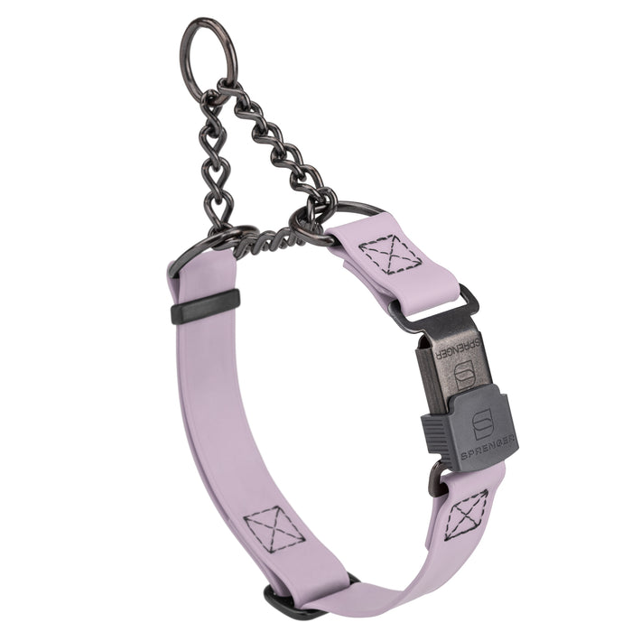 Pastel Purple adjustable martingale collar with black Herm Sprenger buckle and black stainless steel chain, 3/4 inch wide, made from Biothane