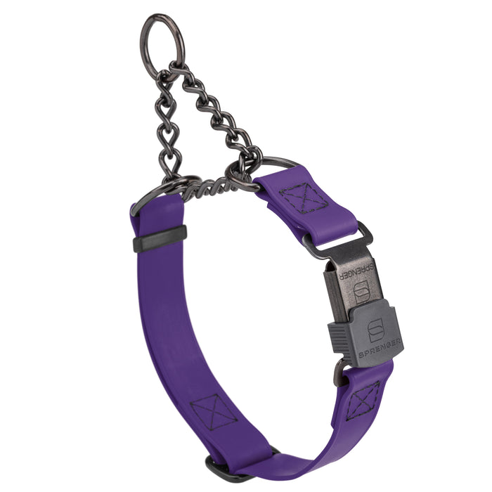 Violet Purple adjustable martingale collar with black Herm Sprenger buckle and black stainless steel chain, 3/4 inch wide, made from Biothane