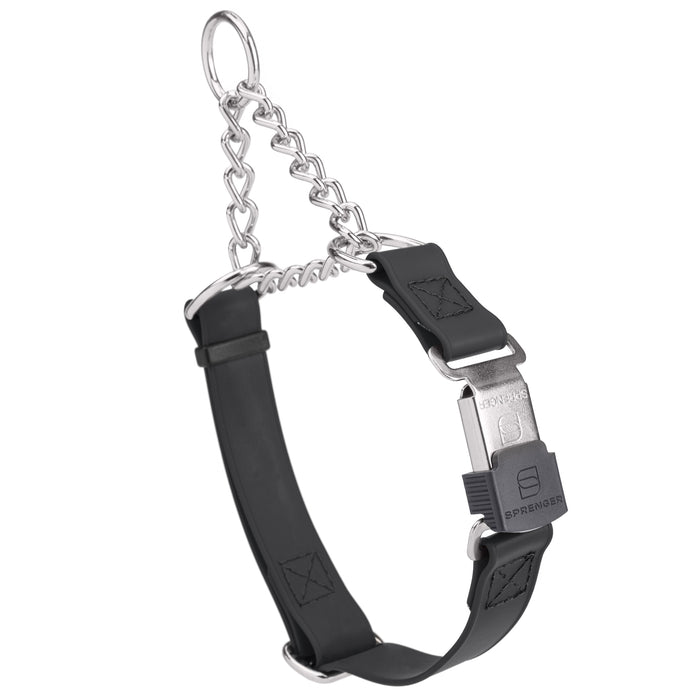 Black Biothane martingale collar with silver Herm Sprenger buckle and silver chain, 3/4 inch wide