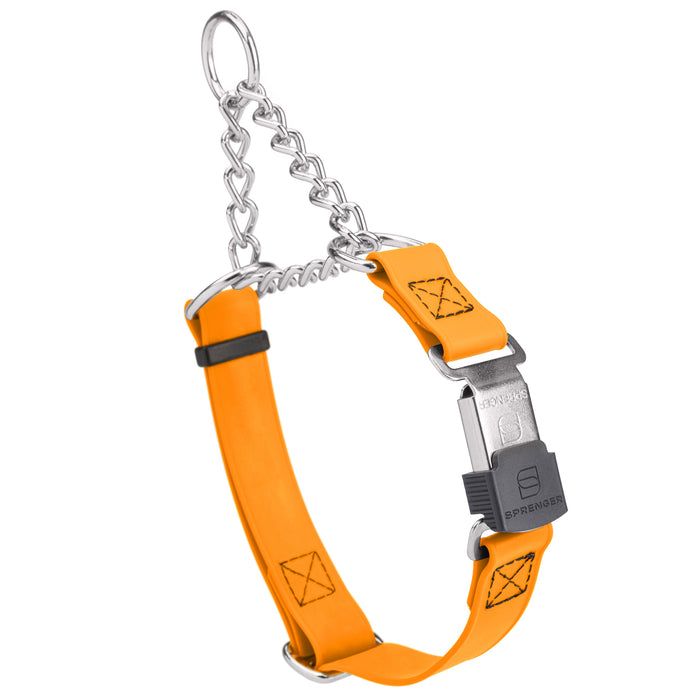 Tangerine Biothane martingale collar with silver Herm Sprenger buckle and silver chain, 3/4 inch wide