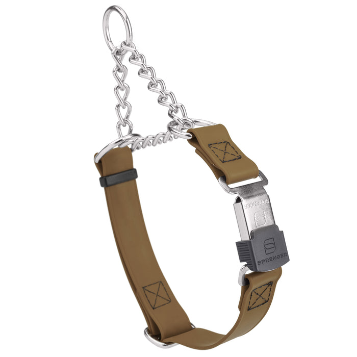 Coyote Brown Biothane martingale collar with silver Herm Sprenger buckle and silver chain, 3/4 inch wide