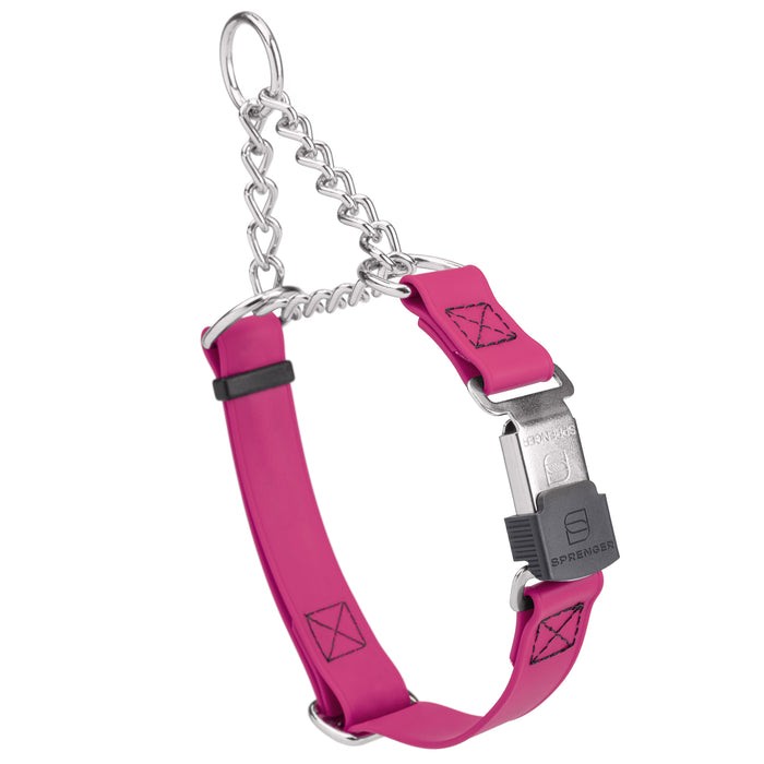 Magenta Pink Biothane martingale collar with silver Herm Sprenger buckle and silver chain, 3/4 inch wide