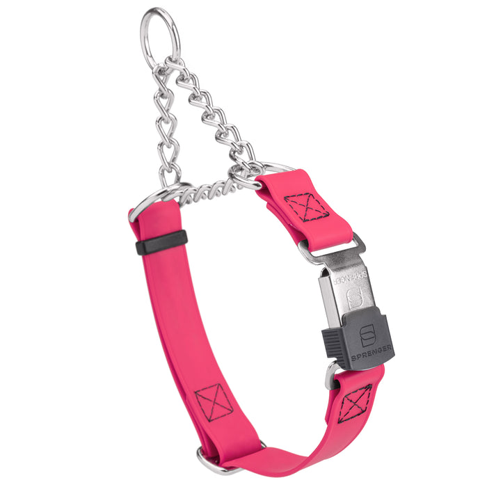 Passionfruit Pink Biothane martingale collar with silver Herm Sprenger buckle and silver chain, 3/4 inch wide