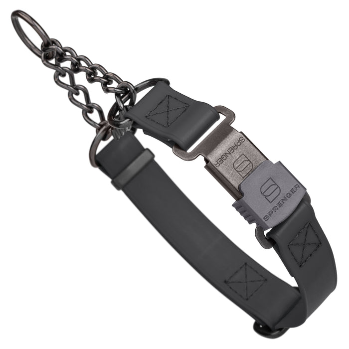 Black Biothane martingale dog collar with black Herm Sprenger buckle and black chain, 1 inch wide, adjustable