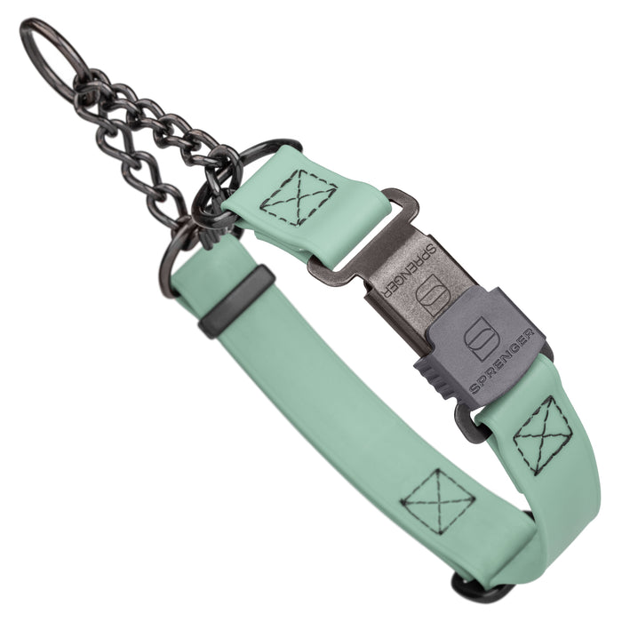Sage Green Biothane martingale dog collar with black Herm Sprenger buckle and black chain, 1 inch wide, adjustable
