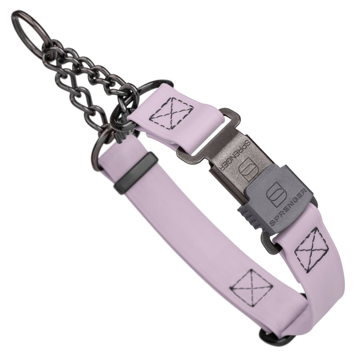 Pastel Purple Biothane martingale dog collar with black Herm Sprenger buckle and black chain, 1 inch wide, adjustable
