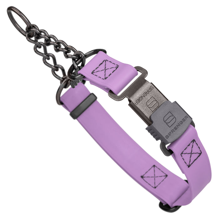 Amethyst Purple Biothane martingale dog collar with black Herm Sprenger buckle and black chain, 1 inch wide, adjustable