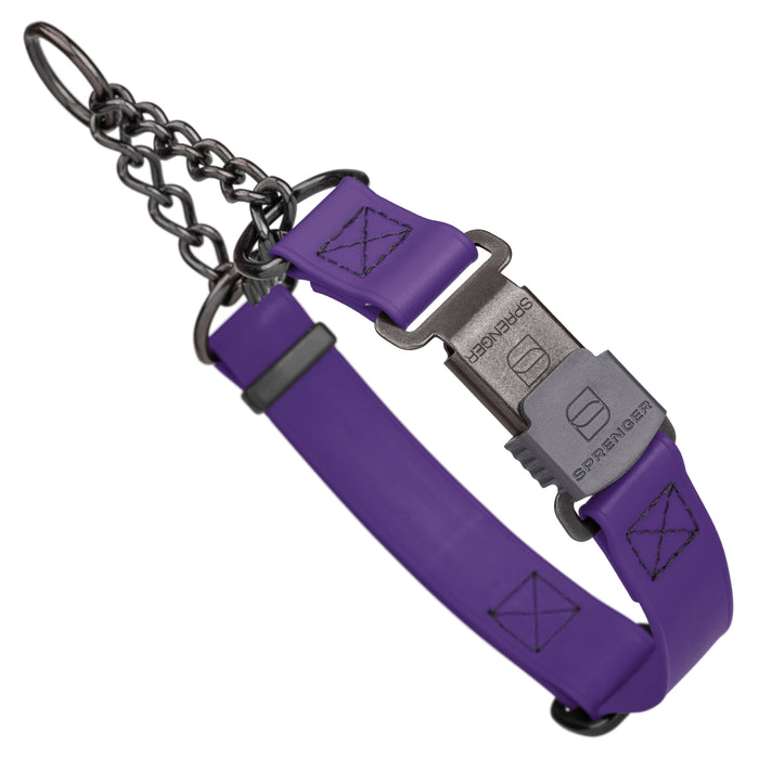 Violet Purple Biothane martingale dog collar with black Herm Sprenger buckle and black chain, 1 inch wide, adjustable