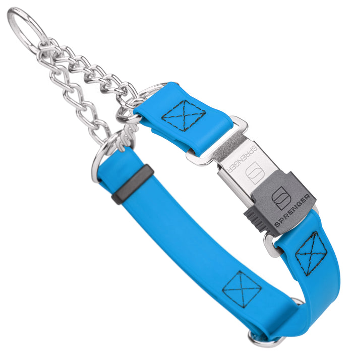 Chain martingale dog collar with Herm Sprenger buckle, 1 inch wide, made from Biothane, Cerulean Blue