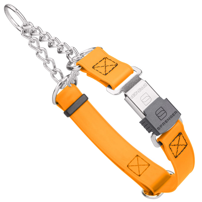 Chain martingale dog collar with Herm Sprenger buckle, 1 inch wide, made from Biothane, Tangerine Orange