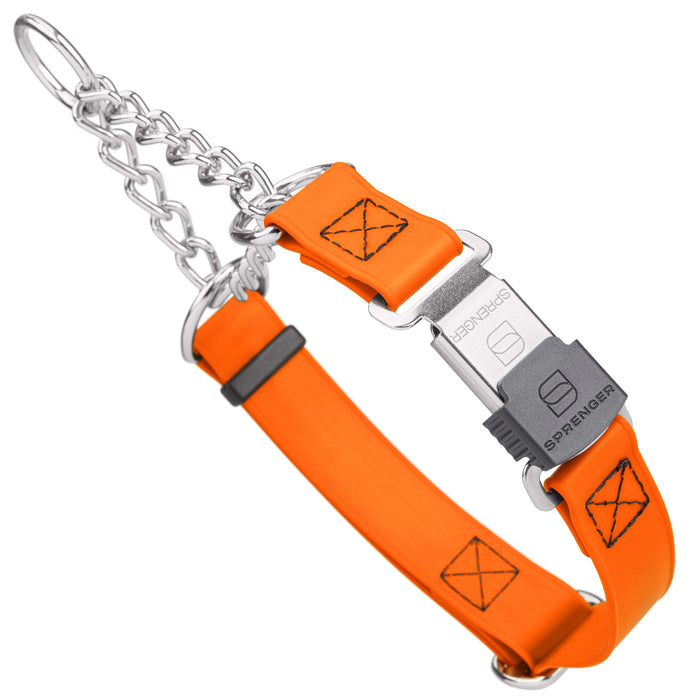 Chain martingale dog collar with Herm Sprenger buckle, 1 inch wide, made from Biothane, Hunter Orange 
