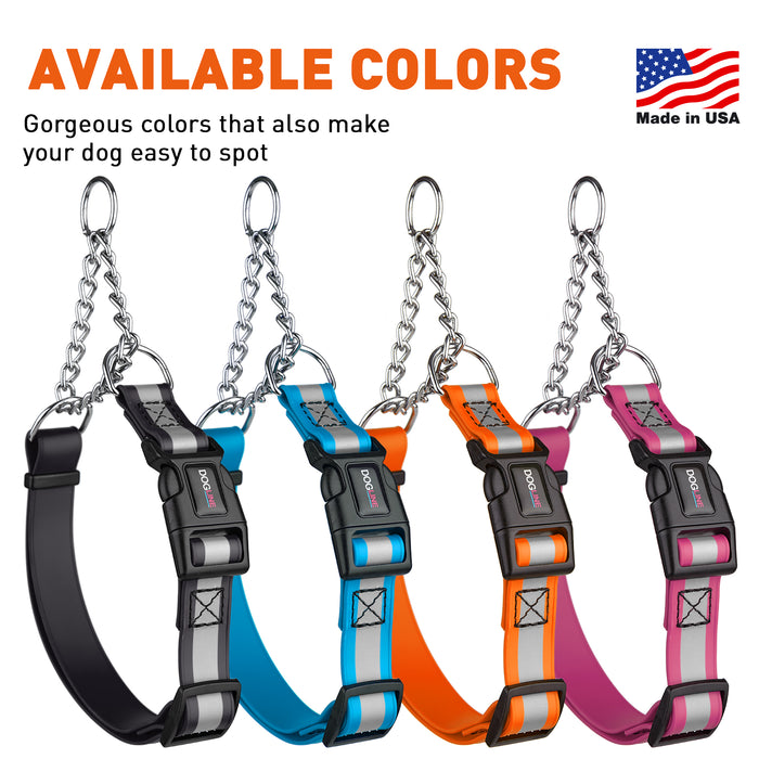 Reflective martingale collars for dogs with quick release buckle, made from waterproof Biothane, 4 color options