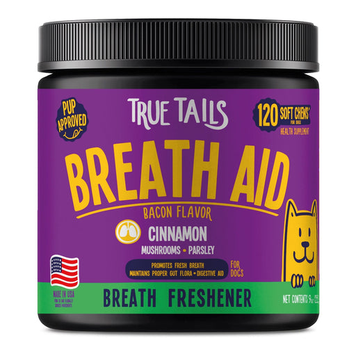 True Tails soft chews for dogs with cinnamon for oral hygiene and fresh breath, bacon flavor