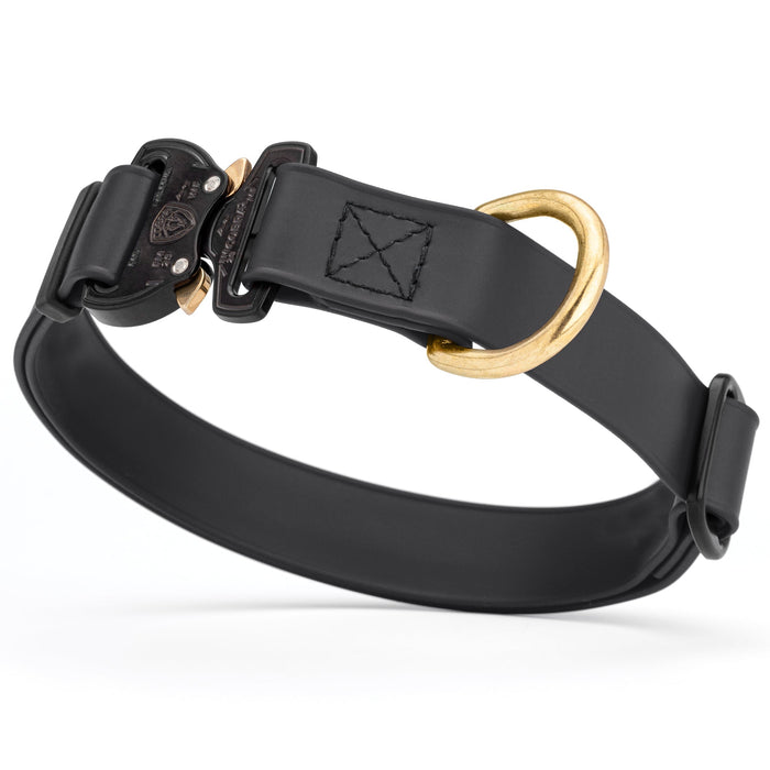 Black waterproof dog collar with Cobra metal buckle and brass D-ring, made from Biothane webbing, adjustable length