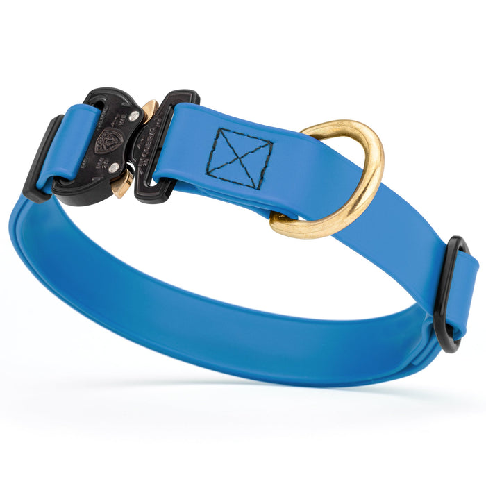 Cerulean Blue waterproof dog collar with Cobra metal buckle and brass D-ring, made from Biothane webbing, adjustable length