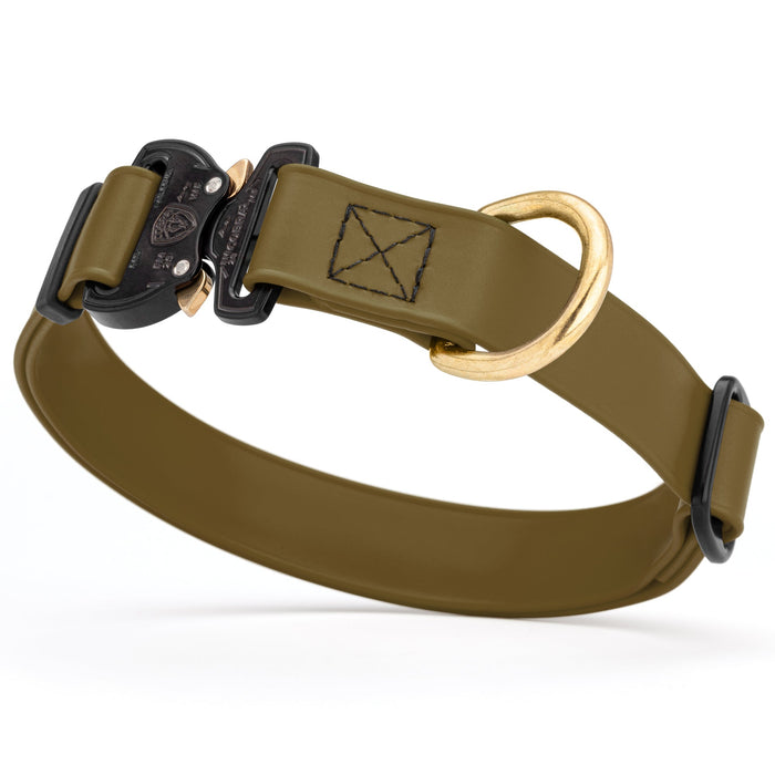 Coyote Brown waterproof dog collar with Cobra metal buckle and brass D-ring, made from Biothane webbing, adjustable length