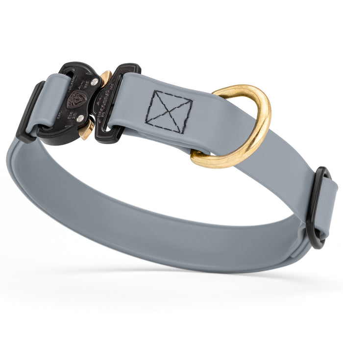 Battleship Gray waterproof dog collar with Cobra metal buckle and brass D-ring, made from Biothane webbing, adjustable length