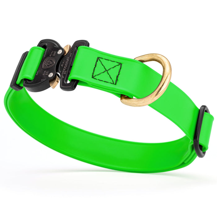 Tropical Green waterproof dog collar with Cobra metal buckle and brass D-ring, made from Biothane webbing, adjustable length