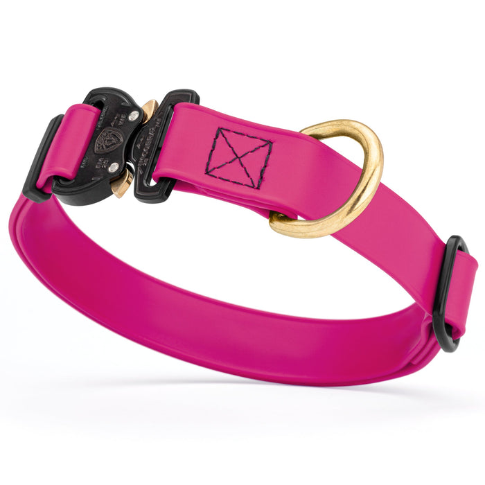 Magenta Pink waterproof dog collar with Cobra metal buckle and brass D-ring, made from Biothane webbing, adjustable length