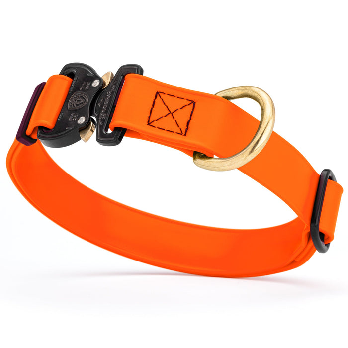 Hunter Orange waterproof dog collar with Cobra metal buckle and brass D-ring, made from Biothane webbing, adjustable length