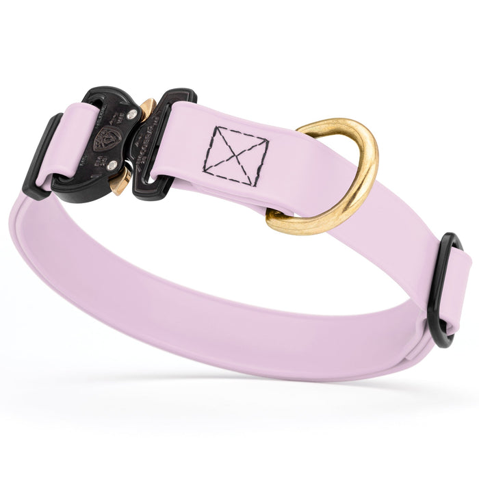 Pastel Purple waterproof dog collar with Cobra metal buckle and brass D-ring, made from Biothane webbing, adjustable length