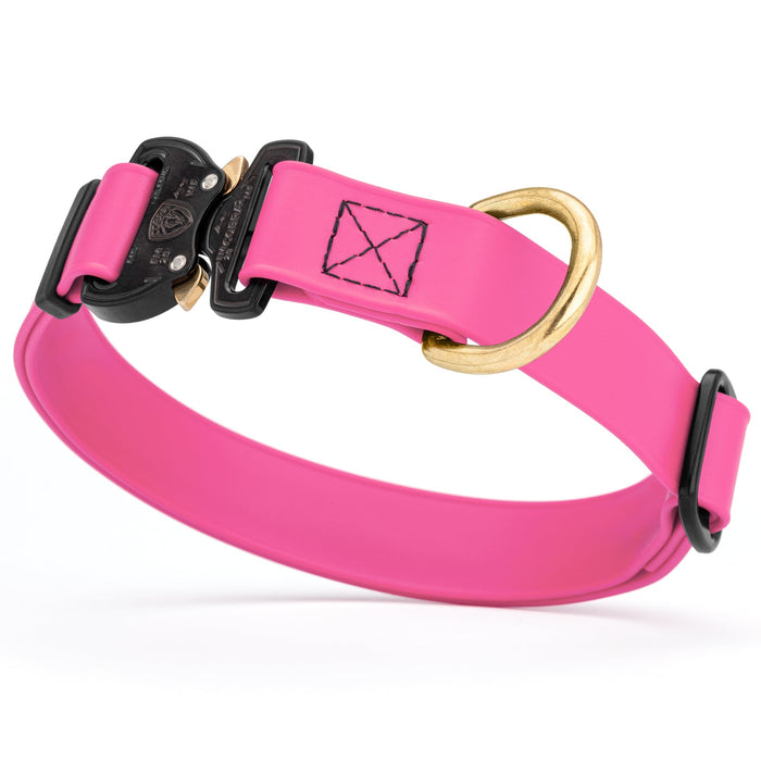 Passionfruit Pink waterproof dog collar with Cobra metal buckle and brass D-ring, made from Biothane webbing, adjustable length