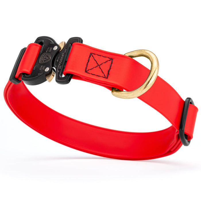 Cherry Red waterproof dog collar with Cobra metal buckle and brass D-ring, made from Biothane webbing, adjustable length